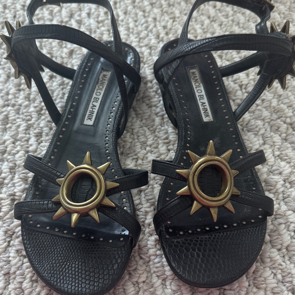 Manolo Blahnik Black and Gold Starburst Sandals